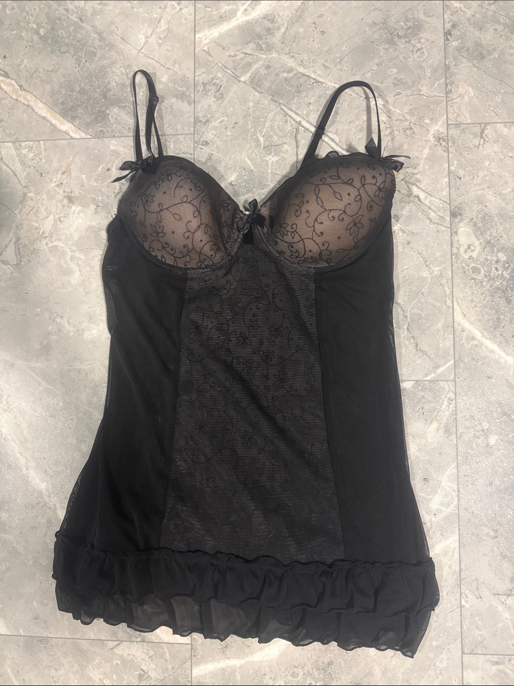 Sheer Lace Black Chemise with Ruffle Hem